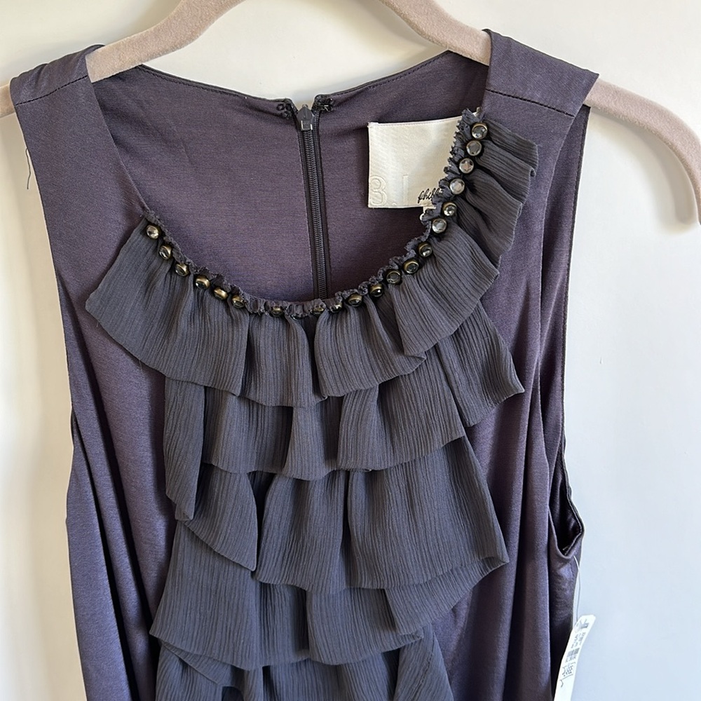 NWT Phillip Lim Scoop Neck Mini Dress Gray Ruffle Crystal Accents Sleeveless - Picture 3 of 8
